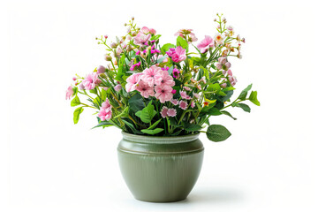 White artificial flowers in a glass vase, set on a table next to a lush green houseplant in a flowerpot.