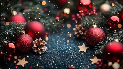 Holiday background with vibrant Christmas ornaments bauble with pine fir branches. New Year banner and poster for advertising.