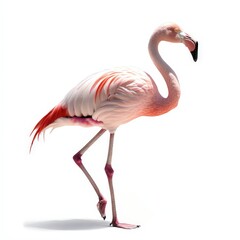 Fototapeta premium A pink flamingo is walking on a white background