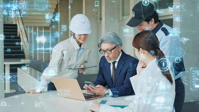 会議する様々な職業の人々とデジタルテクノロジー