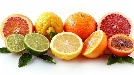 Variety of citrus fruit(green lime, lemon, orange, grapefruit, tangerine) isolated on white background. 