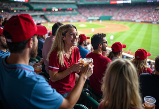 Excited fans cheer loudly at a packed baseball game, enjoying snacks in a vibrant stadium.







