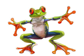 White cartoon frog with big eyes sitting on a lily pad in a pond. Iconic amphibian in a cute and whimsical style.