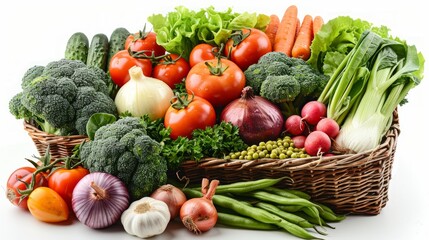 Vegetables Isolated on White. Vegetables Basket: Fresh Broccoli, Onions, Tomatoes, Paprikas, Green Beans and Other Fresh Garden Produce. Horizontal Studio Photo - Solid White Background