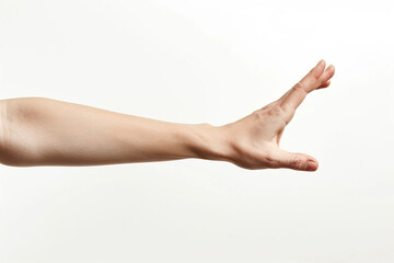An outstretched Caucasian arm against a plain cream background, symbolizing concepts of help, reach, and interaction in minimalist style.