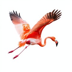 Obraz premium A flamingo is flying in the air with its wings spread wide