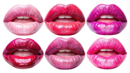 Obraz premium Close-up of pink lips showing different expressions isolated on white background, pink, lips, expressions, female, lipstick