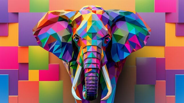 A vibrant geometric elephant head wall art featuring a mosaic of bright colors and shapes. This modern and eye-catching piece is perfect for adding a bold statement to any room.