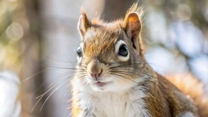 Obraz premium Close up view of a red squirrel , wildlife, nature, mammal, rodent, fluffy, cute, furry, forest, tree, small, adorable