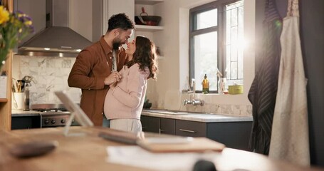 Dance, hug and pregnant with couple in kitchen of home together for family planning or romance. Marriage, moment or pregnancy with happy man and woman in apartment for love, support or wellness - Powered by Adobe