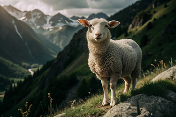 Fototapeta premium Sheep Standing on a Mountainside with a Mountain Range in the Background