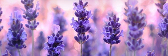 Obraz premium Close-up of purple lavender flowers with a blurred lavender bloom in the foreground.