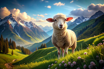 Fototapeta premium A Sheep Standing on a Mountainside With a View of Snowy Peaks