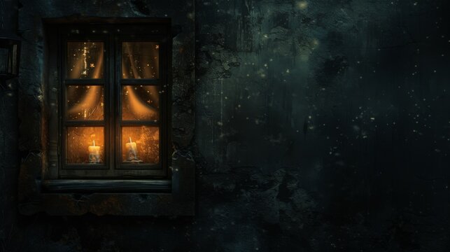A dark, starry night scene featuring an old window with glowing candles casting a warm, enchanting light. The window, surrounded by weathered walls, adds to the magical and serene atmosphere of the
