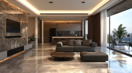 Modern Living Room with Marble Flooring and a View