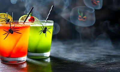Two Halloween-themed cocktails with vibrant colors, decorated with lime slices and plastic spiders, with smoke effect in the background, creating a spooky and festive atmosphere