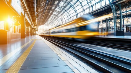 Obraz premium A dynamic image of a train speeding through a modern station, showcasing the energy and design of public transportation.