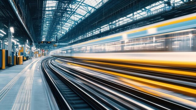 A dynamic scene capturing the speed of a train in motion, showcasing modern railway infrastructure and vibrant urban energy.
