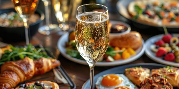 Detailed view of a champagne goblet surrounded by an assortment of breakfast and brunch items, featuring pastries, eggs benedict, coffee, and fruits, with selective emphasis.