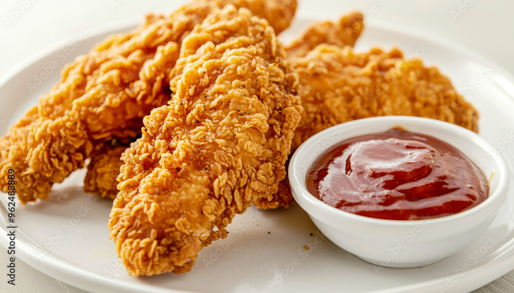 Wall mural A plate of crispy fried chicken tenders served with a side of ketchup, ideal for a delicious meal or snack.