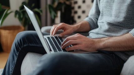 Naklejka premium A person typing on a laptop at home, showcasing modern work-life balance in a cozy environment with plants.