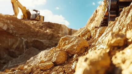 Close-up view of golden rocks in a mining site under a sunny sky, showcasing the beauty of natural resources.