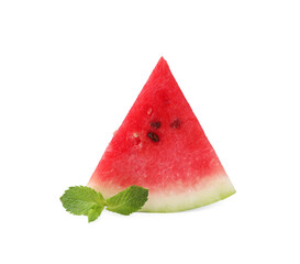 Fresh watermelon slice with mint leaves isolated on white