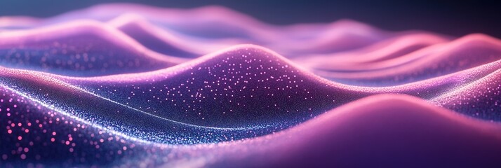 Fototapeta premium Abstract Wavy Landscape with Glittering Particles: A Dynamic 3D Illustration Featuring a Wavy Terrain in Vibrant Pink and Purple, Adorned with Glittering Particles for a Futuristic and Captivating 