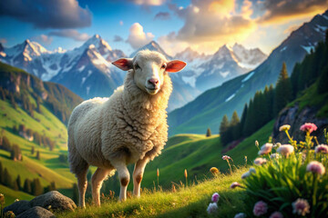 Fototapeta premium Sheep Standing in a Mountainous Meadow at Sunset