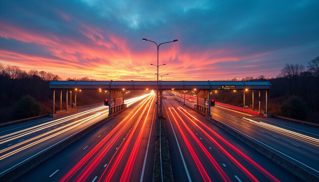 Light trails from vehicles brighten the highway toll plaza at dusk, with vibrant sky colors.







