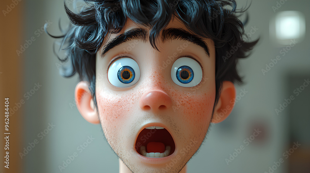 Wall mural shocked scared amazed cartoon character adult man male guy person portrait in 3d style design on lig