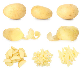 Fresh potatoes isolated on white, set. Sliced in different ways and whole