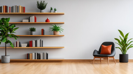A stylish living room with wooden shelves, books, and indoor plants, featuring a modern chair and minimalist decor.