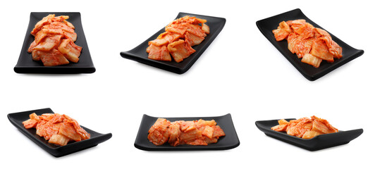 Delicious kimchi of Chinese cabbage isolated on white, collage. Traditional Korean dish