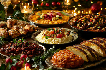 A table full of food with a Christmas theme. The food includes a variety of dishes such as meat, vegetables, and rice. The table is decorated with Christmas ornaments and candles
