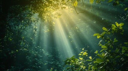 Obraz premium Sunlight pierces through dense forest foliage, creating ethereal beams of light. The vibrant greenery and misty atmosphere evoke a sense of tranquility and connection with nature.