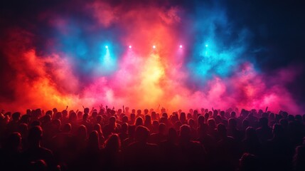 A large crowd of people silhouetted against a stage with colorful spotlights and smoke.