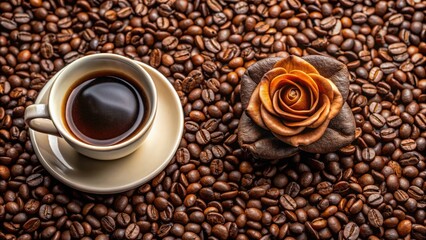 Fototapeta premium A cup of coffee surrounded by coffee beans and a brown rose flower, coffee, drink, beans, flower, caffeine, aroma, beverage