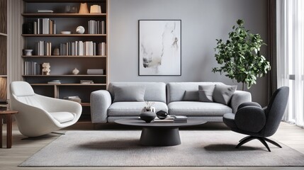 Modern Living Room with Grey Sofa, White Chair, and Coffee Table
