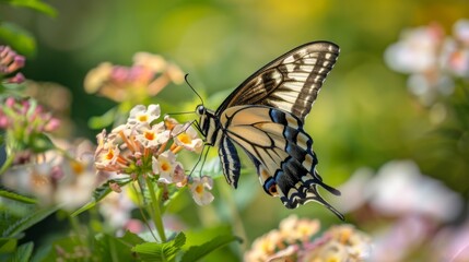 Close up of swallowtail butterfly on white flowers with green blurred background