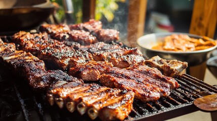 Beautifully Grilled Barbecue Meat on a Table: A Stunning Presentation of Succulent Barbecue Meat Arranged on a Table, Highlighting the Juicy, Grilled Perfection with Accompaniments and Garnishes.
