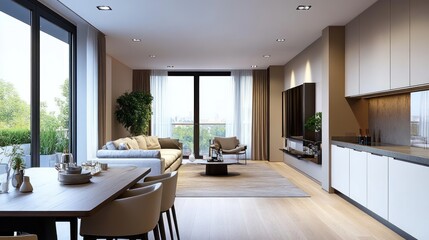 Fototapeta premium Modern Living Room with Kitchenette and City View