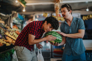 Two friends enjoy a light-hearted moment as they select fresh fruits and vegetables from a friendly...