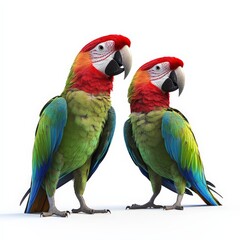 Two parrots standing next to each other on a white background