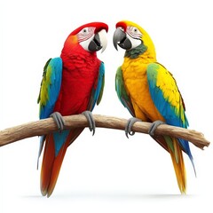 Fototapeta premium Two parrots are perched on a branch, one red and one yellow