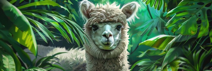 Charming alpaca surrounded by vibrant greenery, captivating onlookers with its fluffy coat, expressive eyes, and long eyelashes.