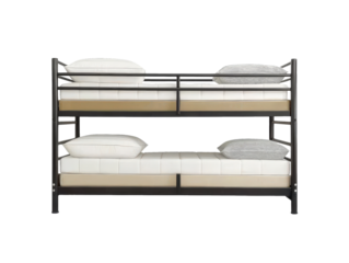 Bunk bed with white mattresses isolated on white backdrop