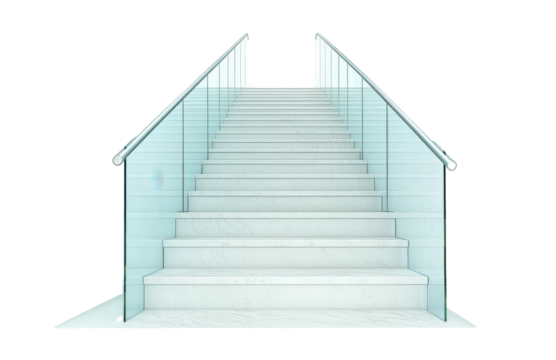 Modern staircase with glass railing featuring white steps isolated on transparent background