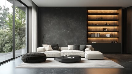 Modern Living Room with White Sectional Sofa and Black Accents
