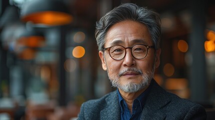 Obraz premium A man with glasses and a beard is sitting in a restaurant